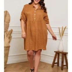 Linnen Jurk "Cerif" Camel -Exporteren Mooie Look Winkel plus size company linnen jurk cerif camel 4