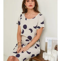 Linnen Jurk Beige/donkerblauw -Exporteren Mooie Look Winkel rodier lin linnen jurk beige donkerblauw 2