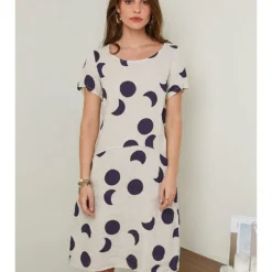 Linnen Jurk Beige/donkerblauw