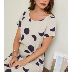 Linnen Jurk Beige/donkerblauw -Exporteren Mooie Look Winkel rodier lin linnen jurk beige donkerblauw 3