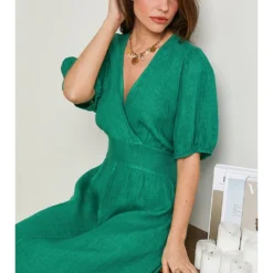 Linnen Jurk Donkergroen -Exporteren Mooie Look Winkel rodier lin linnen jurk donkergroen 3