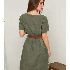 Linnen Jurk Olijfgroen -Exporteren Mooie Look Winkel rodier lin linnen jurk olijfgroen 2