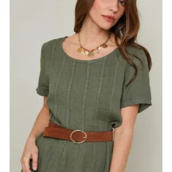 Linnen Jurk Olijfgroen -Exporteren Mooie Look Winkel rodier lin linnen jurk olijfgroen 3