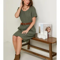 Linnen Jurk Olijfgroen -Exporteren Mooie Look Winkel rodier lin linnen jurk olijfgroen 4