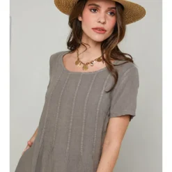Linnen Jurk Taupe -Exporteren Mooie Look Winkel rodier lin linnen jurk taupe 3