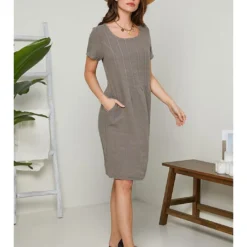 Linnen Jurk Taupe -Exporteren Mooie Look Winkel rodier lin linnen jurk taupe 4