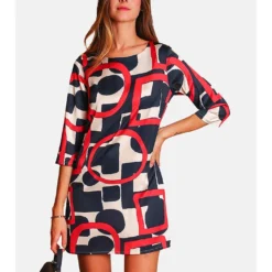 Jurk Rood/crème/donkerblauw